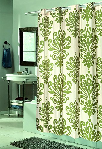 Royal Bath Easy On (No Hooks Needed) Fabric Shower Curtain (70 inch  x 72 inch ) with Built in Hooks - Beacon Hill Sage & Ivory