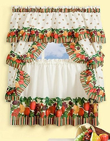 Park Avenue Collection Tuttie Fruitie Cottage Set - 57x36 Tier Pair/57x36 Ruffled Topper with attached valance and tiebacks. - Multi