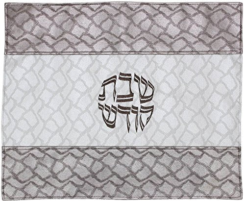 Ben and Jonah Challah Cover Vinyl- Geometric Pattern Ivory with Silver Border