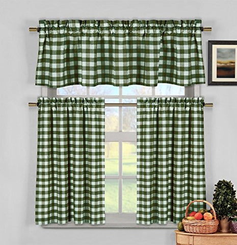 Park Avenue Collection Kingston Checks Kitchen Curtain 3Pc Set /Sage