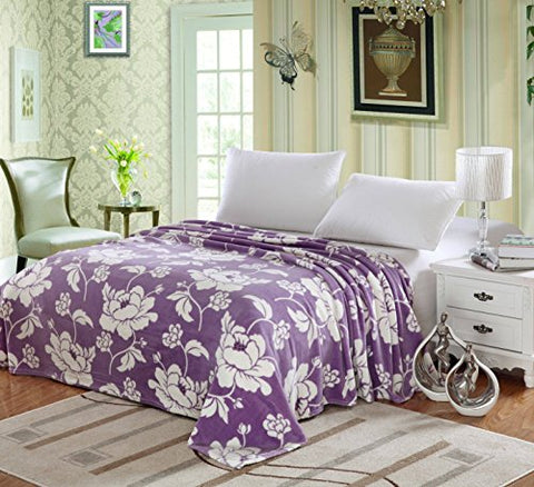 Plush Comfort Floral Microplush Blanket - Purple (Queen)