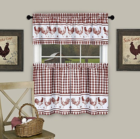 Ben&Jonah Collection Barnyard Window Curtain Tier Pair and Valance Set - 58x36 - Burgundy