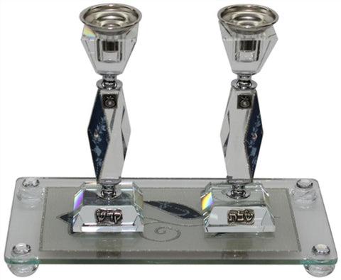 Ben and Jonah Sabbath/Shabbos Crystal Candlesticks with Tray - Blue Tulip Applique -Tray 10 " W X 5 " L -  Candlesticks  - 7 " H