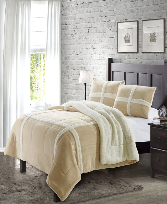 Simple Elegance by Ben&Jonah 3 Piece Queen Size Flannel Blanket Set with Sherpa Backing (90" x 90") - Tan