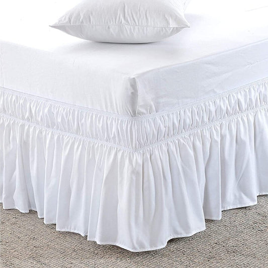 EasyWrap White Elastic Ruffled Bed Skirt with 16 inch  Drop - Queen/King