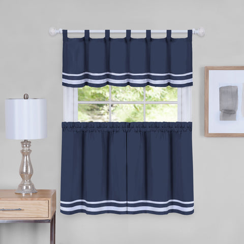 Traditional Elegance Bismark Window Curtain Tier Pair and Valance Set - 58x36 - Navy