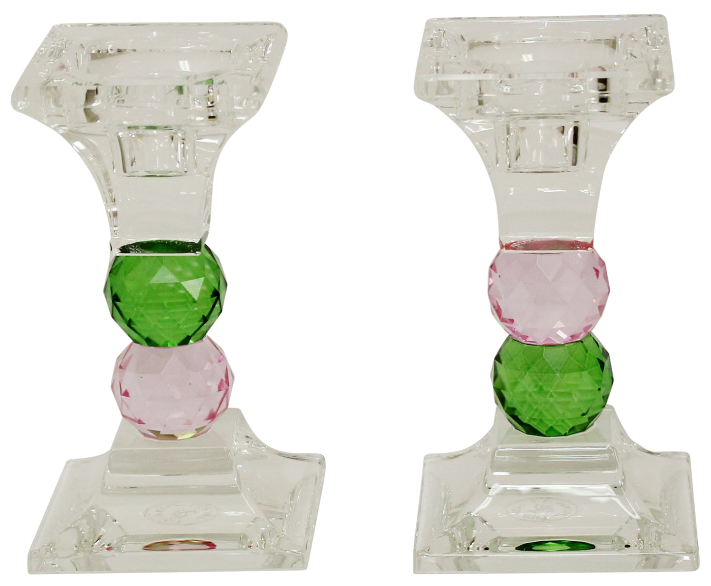 Ben and Jonah Sabbath/Shabbos Crystal Candlesticks- Pink and Green- 4.75" H 2.5" L