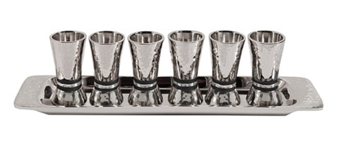 Ben and Jonah Liquor Shot Cups Set-6 with Tray-Highly Polished Hammered Nickel-Black Rings