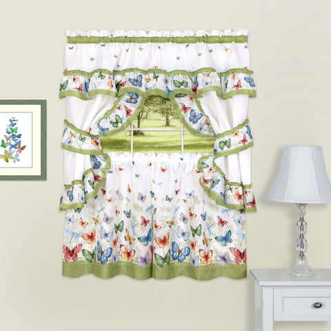 Traditional Elegance Butterflies Printed Cottage Window Curtain Set - 57x36 - Green