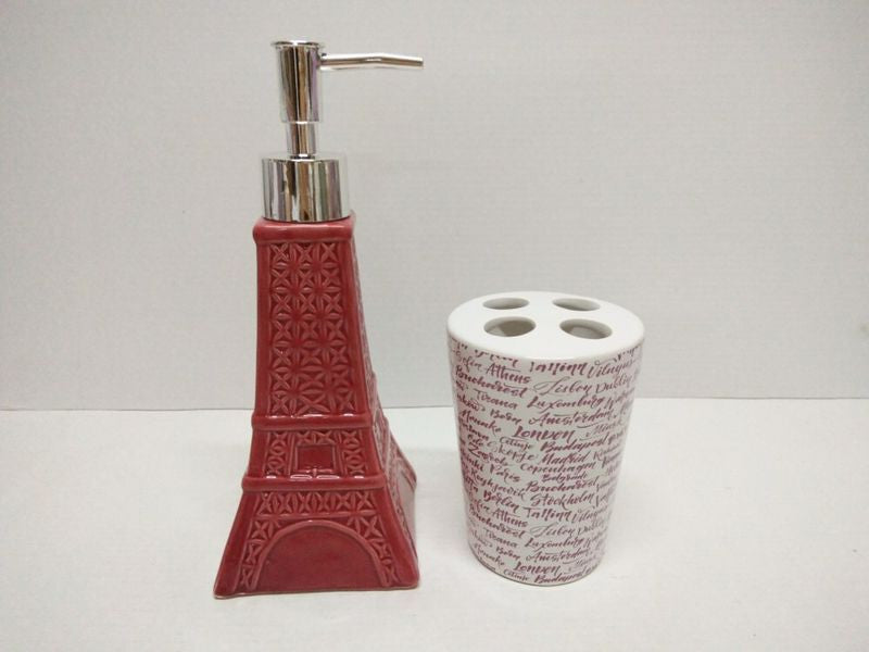 Royal Bath Novelty Paris Glamour Eiffel Tower 2 Piece Ceramic Bath Set: 1 Lotion Pump and 1 Toothbrush Holder - Red/Pink