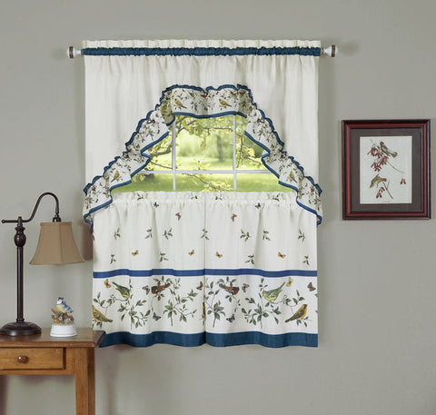 Traditional Elegance Love Birds - Printed Tier and Swag Window Curtain Set - 57x36 - Blue