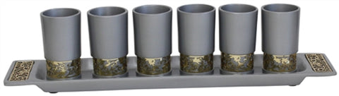Ben and Jonah Liquor Shot Cups Set- 6 Cups with Tray- Silver with Gold Metal Decorative Cutouts