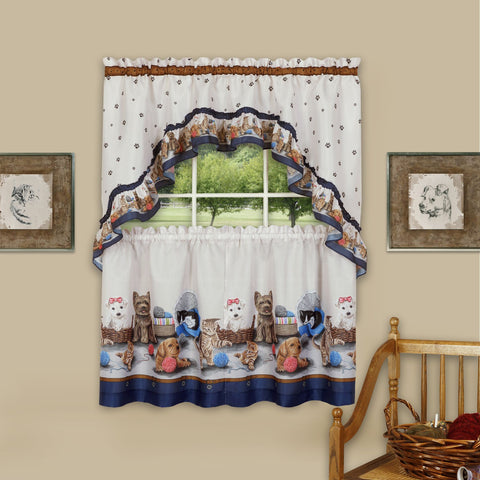 Traditional Elegance Precious Printed Tier and Swag Window Curtain Set - 57x36 - Navy