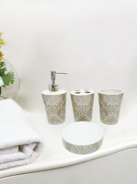 Royal Bath Coral Life 4 Piece Taupe Ceramic Bath Set: 1 Lotion Pump, 1 Toothbrush Holder, 1 Tumbler and 1 Soap Dish - Sand