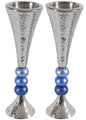 Ben and Jonah Sabbath/Shabbos Metal Candlesticks - Anodized Aluminum Beaded Stem Hammered Candlesticks - Silver/Blues-2.3" x 7"H