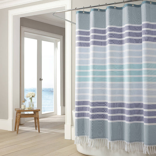 Royal Bath Shades of Blue 100% Cotton Twill Striped Shower Curtain with Knotted Fringes  (72" x 72")