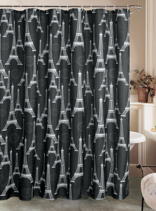 Royal Bath Parisian Nights Eiffel Tower Canvas Fabric Shower Curtain (70" x 72") with Roller Hooks