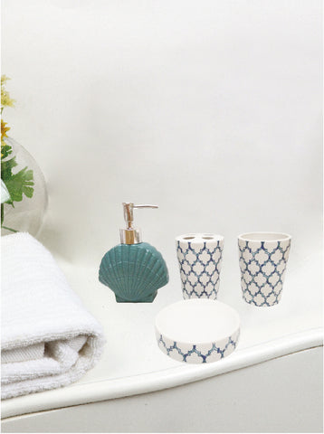 Royal Bath Nautical Paradise 4 Piece Ceramic Bath Set: 1 Lotion Pump, 1 Toothbrush Holder, 1 Tumbler and 1 Soap Dish - Teal