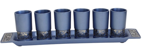 Ben and Jonah Liquor Shot Cups Set- 6 Cups with Tray- Blue with Silver Metal Decorative Cutouts