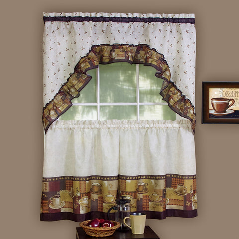 Traditional Elegance Coffee - Printed Tier and Swag Window Curtain Set - 57x36 - Multi