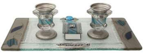 Ben and Jonah Glass Sabbath/Shabbos Candlesticks With Tray And Matchbox Small Applique - Ocean Blue With Tulip - Tray 10 3/4"W X 6"H Candlesticks  - 2.5"H Matchbox 2"W X 1.5" H