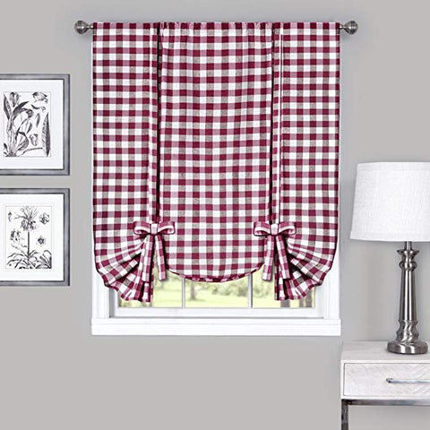 Traditional Elegance Buffalo Check Window Curtain Tie Up Shade - 42x63 - Burgundy