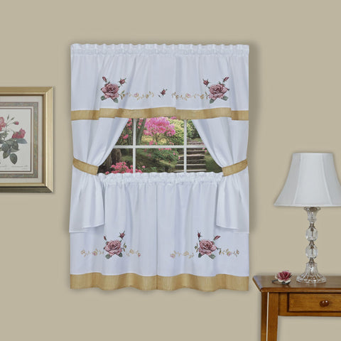 Traditional Elegance Rose Embellished Cottage Window Curtain Set 58x36