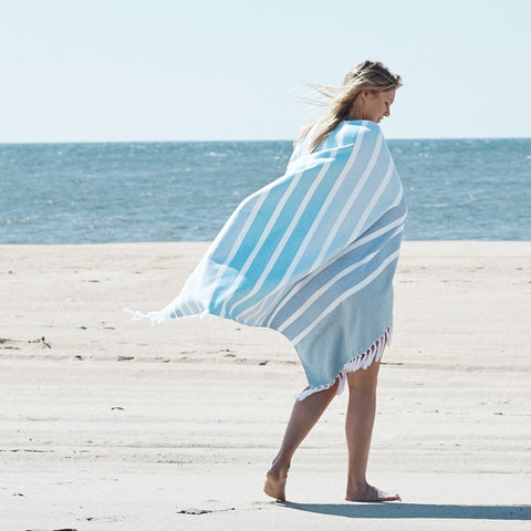 Coastal Paradise 100% Heavy Cotton Striped Beach Towel with Knotted Fringe (40" x 70") - Aqua