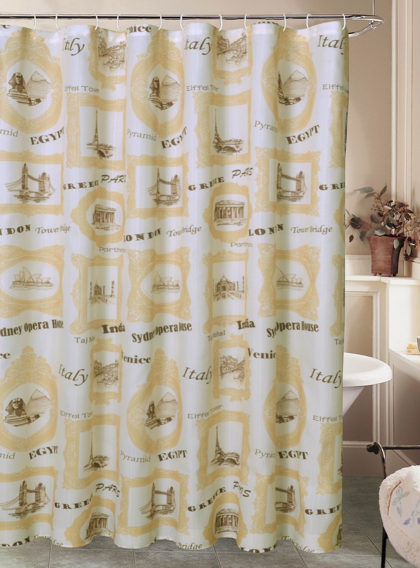 Royal Bath El Mundo Worldly Travel Canvas Fabric Shower Curtain (70" x 72") with Roller Hooks