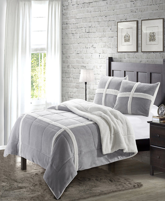 Simple Elegance by Ben&Jonah 3 Piece King Size Flannel Blanket Set with Sherpa Backing (102" x 90") - Grey