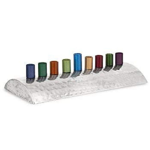 Ben&Jonah Highly Polished Hammered Stainless Steel Menorah-Colorful Caps-8" L x 2" H