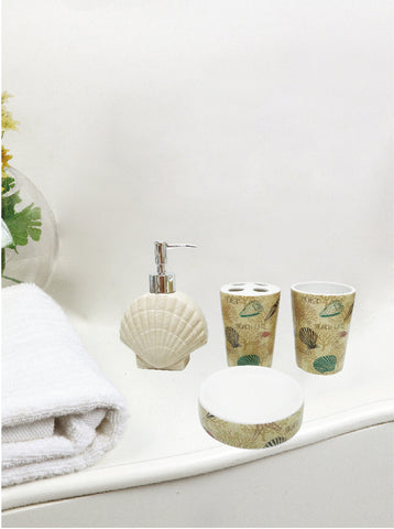 Royal Bath Nautical Paradise 4 Piece Ceramic Bath Set: 1 Lotion Pump, 1 Toothbrush Holder, 1 Tumbler and 1 Soap Dish - Sand