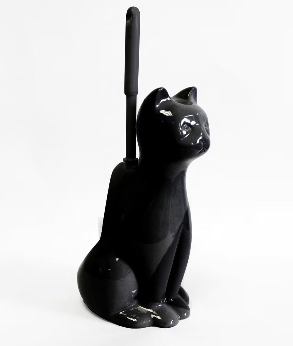 Royal Bath Meow Meow Clean Cat Decorative Ceramic Toilet Brush Holder with Toilet Brush (10.5"H x 7"W x 5"D) - Black