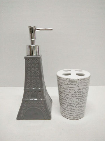 Royal Bath Novelty Paris Glamour Eiffel Tower 2 Piece Ceramic Bath Set: 1 Lotion Pump and 1 Toothbrush Holder - Grey