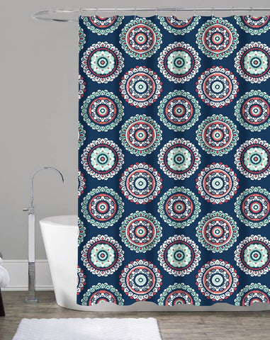 Royal Bath Midnight Blue Mandala Burst Canvas Fabric Shower Curtain (70" x 72")