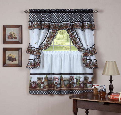 Traditional Elegance Mason Jars Window Curtain Set - 57x36 Tier Pair/57x36 Tailored Topper with attached valance and tiebacks. - Black/White