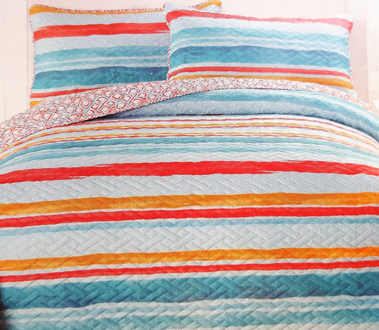 Comfortable Elegance Summer Stripe Queen Size Reversible 3-Piece Quilt Set: 1 Quilt (86" x 86") and 2 Pillow Shams (20" x 26")