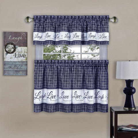 Traditional Elegance Live, Love, Laugh Window Curtain Tier Pair and Valance Set - 58x24 - Navy