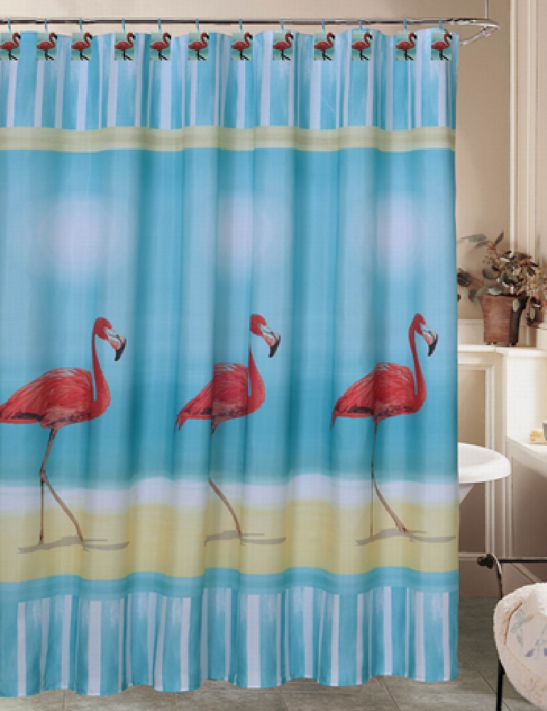 Royal Bath Flamingo Paradise Fabric Shower Curtain (70" x 72") with 12 Matching Resin Shower Curtain Hooks