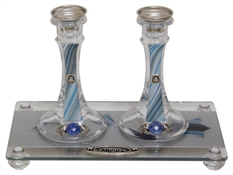 Ben and Jonah Sabbath/Shabbos Crystal Candlesticks with Tray-Ocean Blue Applique - Tray 11 " W X 6 " L Candlesticks 6 " H