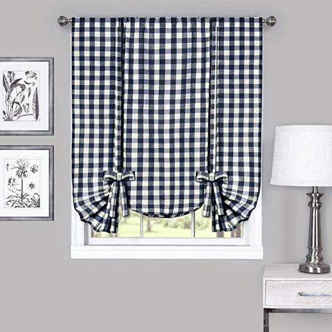 Traditional Elegance Buffalo Check Window Curtain Tie Up Shade - 42x63 - Navy