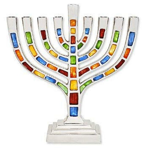 Ben&Jonah Multi Jeweled Mosaic Aluminum Menorah-Knesset Style-7" L x 7" W…