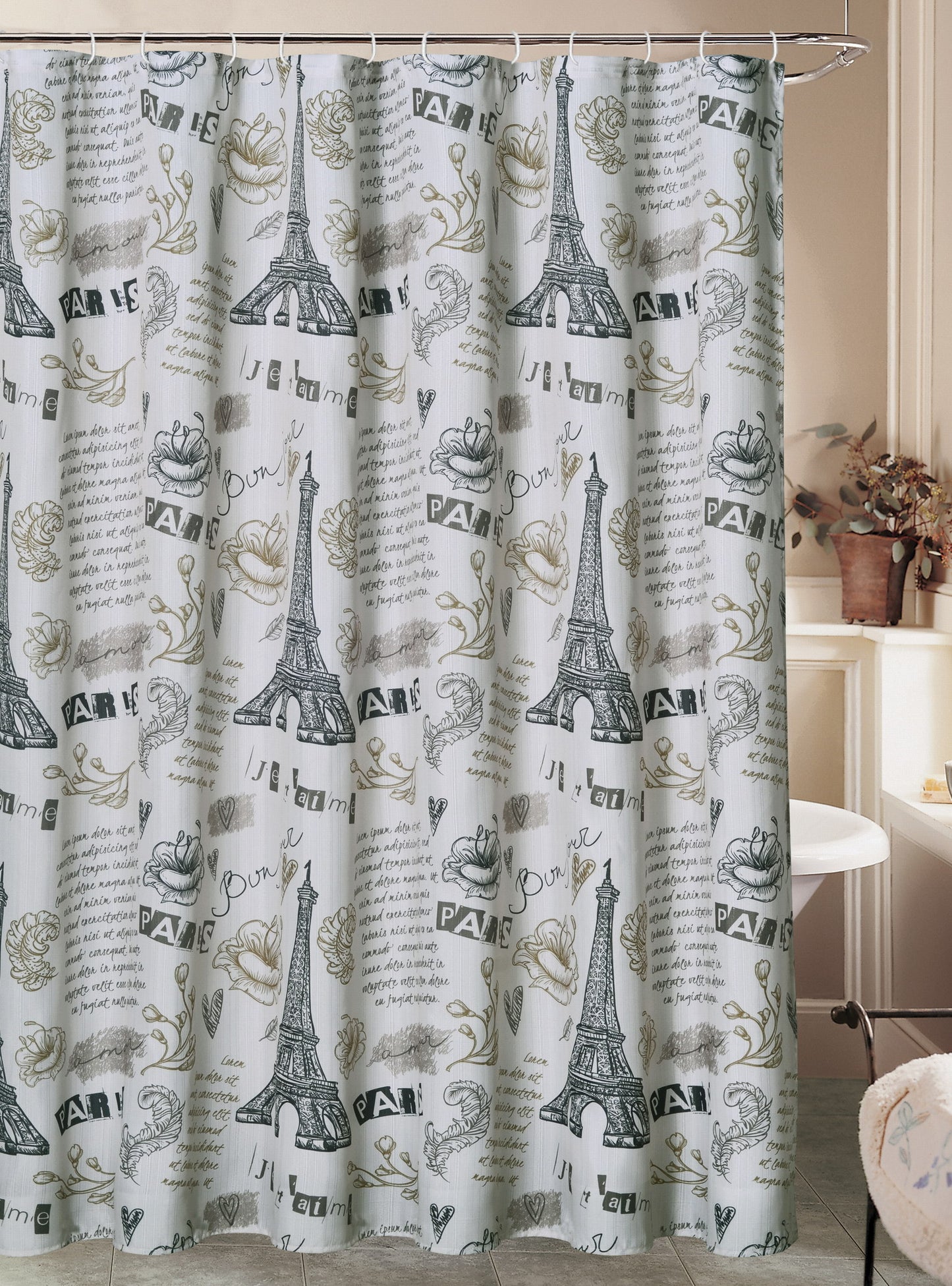 Royal Bath Paris Ville de L'Amour Eiffel Tower Canvas Fabric Shower Curtain (70" x 72") with Roller Hooks - Ivory