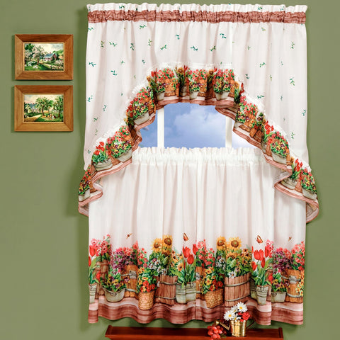 Traditional Elegance Country Garden - Printed Tier and Swag Window Curtain Set - 57x36 - Multi