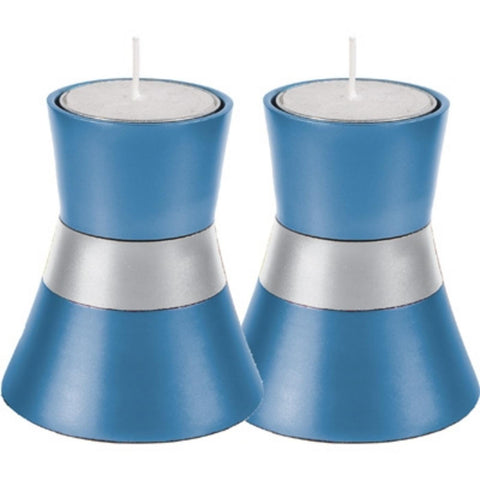 Ben and Jonah Sabbath/Shabbos Metal Candlesticks - Anodized Aluminum Small T-light Candlesticks - Blue- 3" x 2.5"