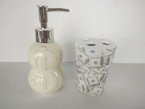 Royal Bath Novelty It's All About the Benjamins 2 Piece Ceramic Bath Set: 1 Lotion Pump and 1 Toothbrush Holder - Ivory