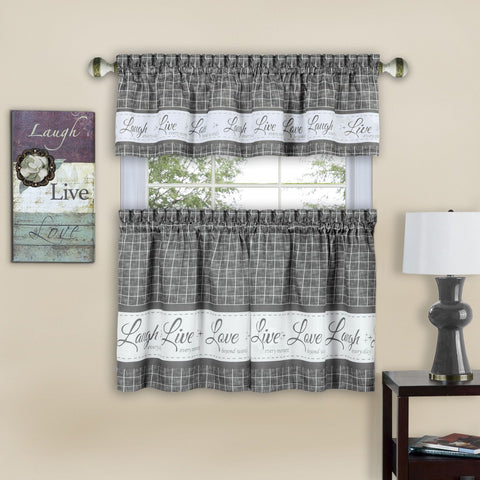 Traditional Elegance Live, Love, Laugh Window Curtain Tier Pair and Valance Set - 58x36 - Grey