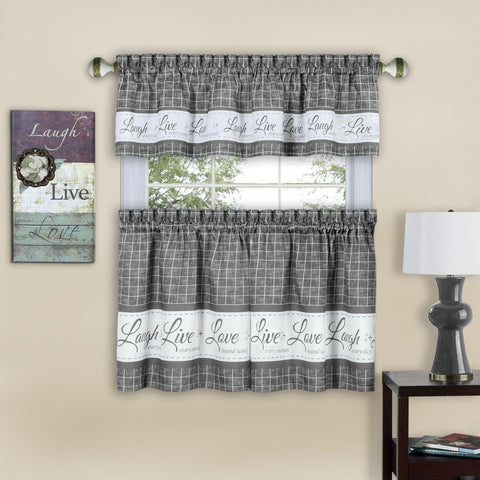 Traditional Elegance Live, Love, Laugh Window Curtain Tier Pair and Valance Set - 58x24 - Grey