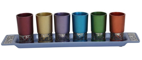 Ben and Jonah Liquor Shot Cups Set- 6 Cups with Tray- Multicolor with Silver Metal Decorative Cutouts