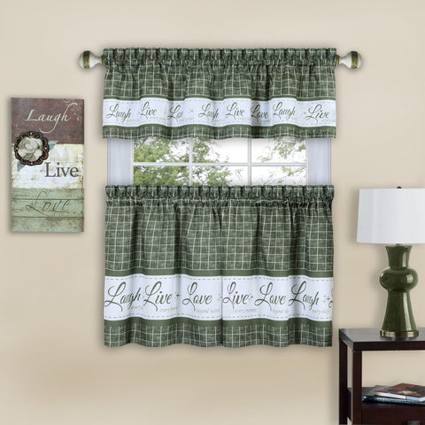 Traditional Elegance Live, Love, Laugh Window Curtain Tier Pair and Valance Set - 58x36 - Green